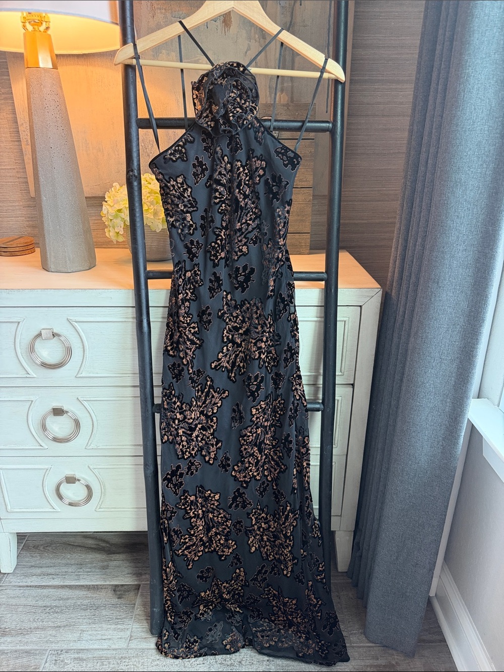 Black and Bronze Floral Halter Evening Dress